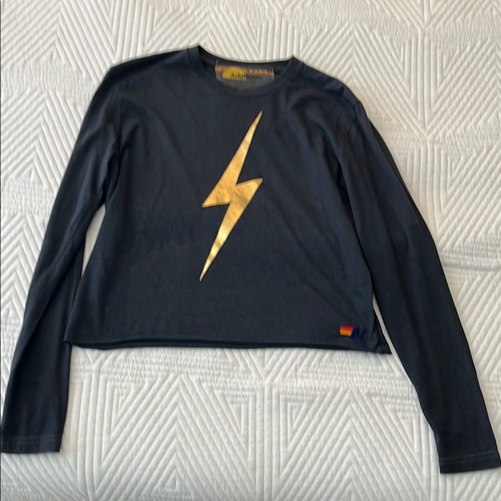 Aviator Nation Dark Gray Tee with Gold Lightning Bolt